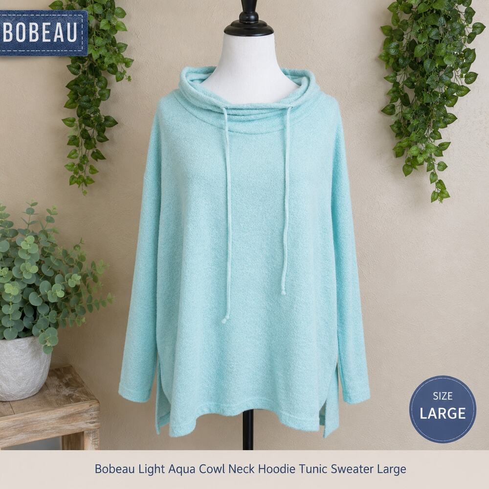 Bobeau Aqua Cowl Neck Hoodie Tunic Sweater Large